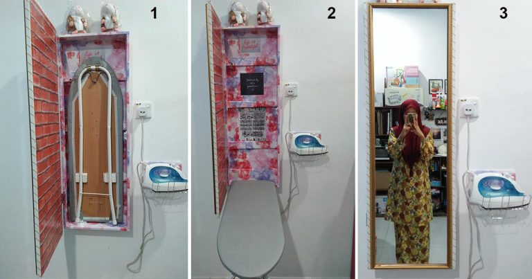 Teknik Sorok Ironing Board Di Sebalik Cermin Untuk Jimatkan Ruang. Nampak Kemas, Sesuai Untuk Rumah Yang Sempit