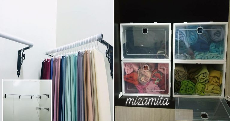 Idea DIY Tempat Simpan Tudung. Boleh Sangkut Atau Isi Dalam Box, Siap Susun Ikut Warna