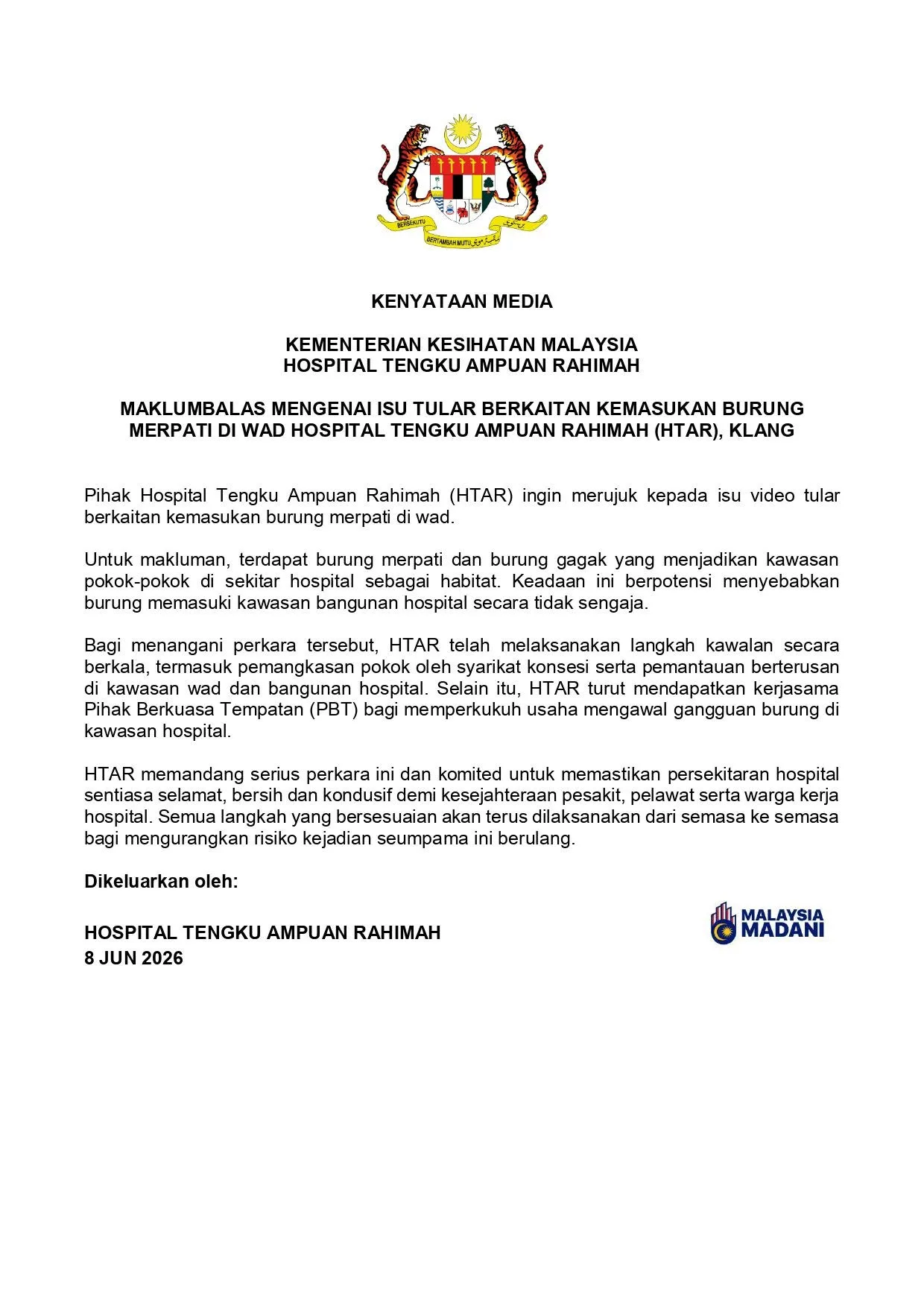 Tular Burung Merpati Masuk Wad Pesakit HTAR, Ini Tindakan Pihak Hospital