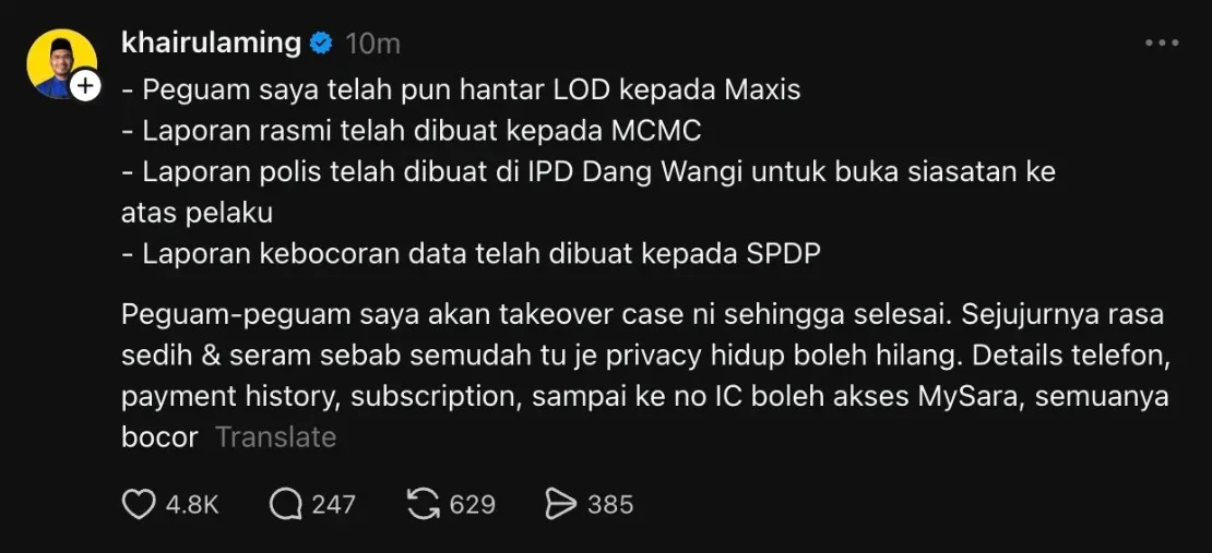 Khairul Aming Ambil Tindakan Undang-Undang Susulan Dakwaan Kebocoran Data Peribadi 4 Khairul Aming Ambil Tindakan Undang-Undang Susulan Dakwaan Kebocoran Data Peribadi